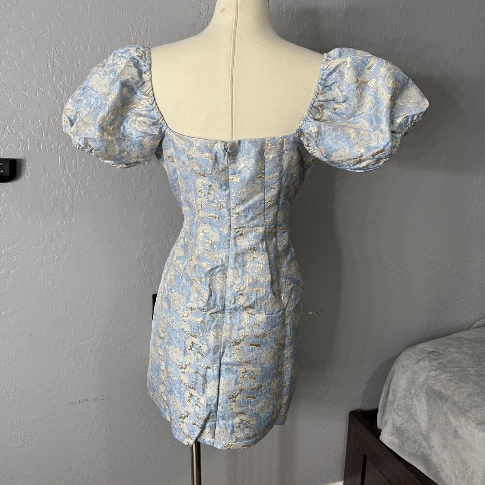 Lulus Cutest Praise Light Blue Floral Jacquard Puff Sleeve Mini Dress, M - Picture 2 of 6